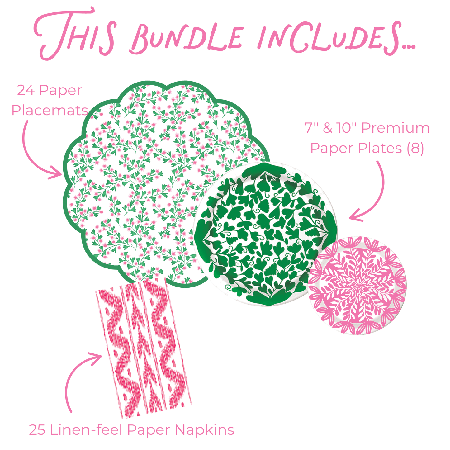 Product bundle illustration with paper placemats, plates, and napkins on a white background