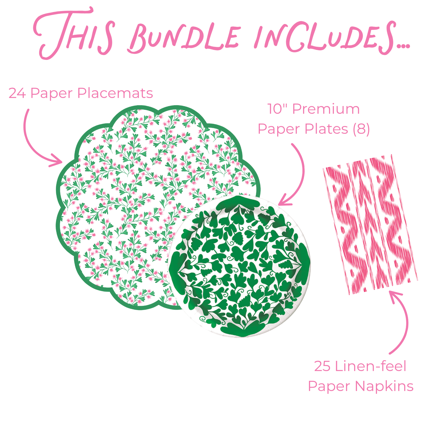 Graphic titled “This bundle includes…” showing a scalloped paper placemat with a green border and pink floral vine pattern, a round plate with a bold green floral motif, and a pink patterned napkin. Text labels indicate 24 paper placemats, 8 10-inch premium paper plates, and 25 linen-feel paper napkins.