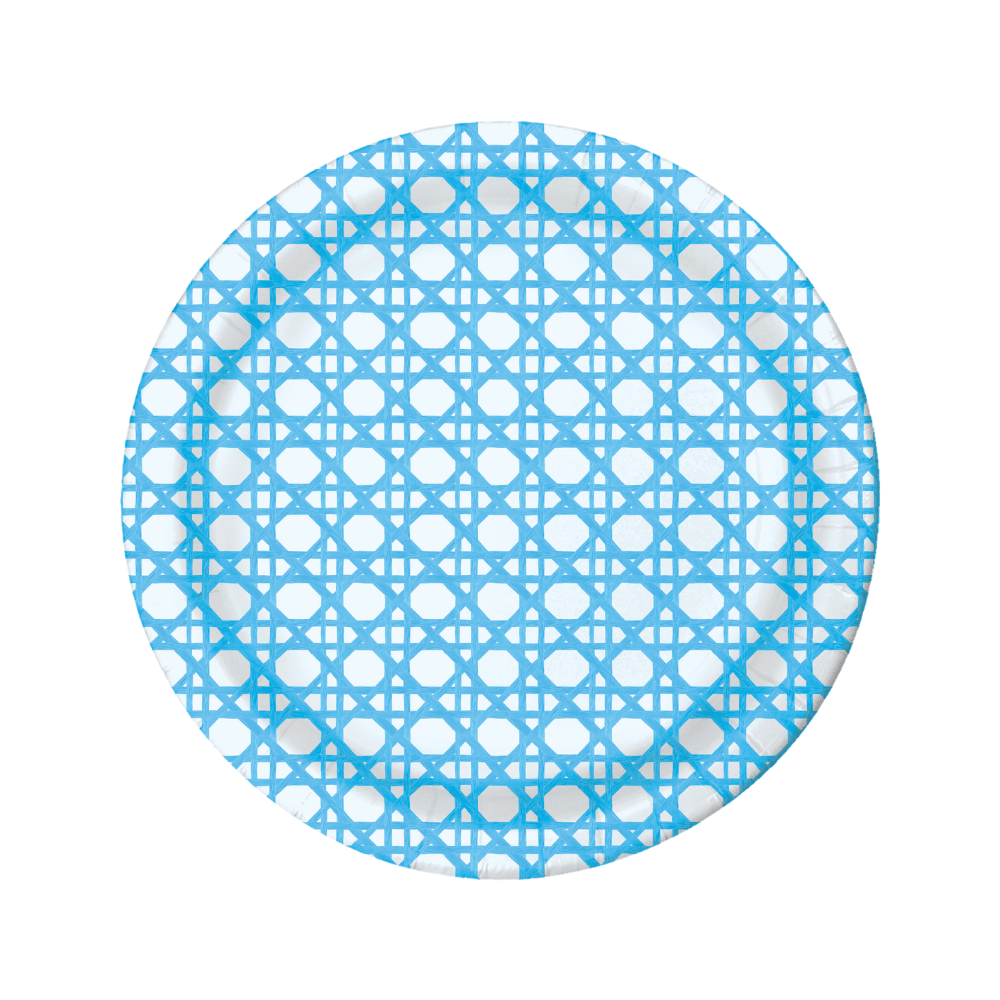 Round blue and white patterned paper plate on a white background