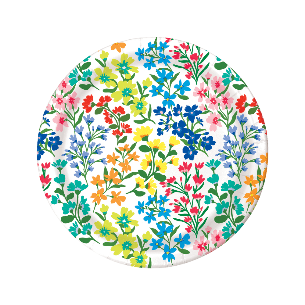 Round paper plate with colorful floral pattern on a white background