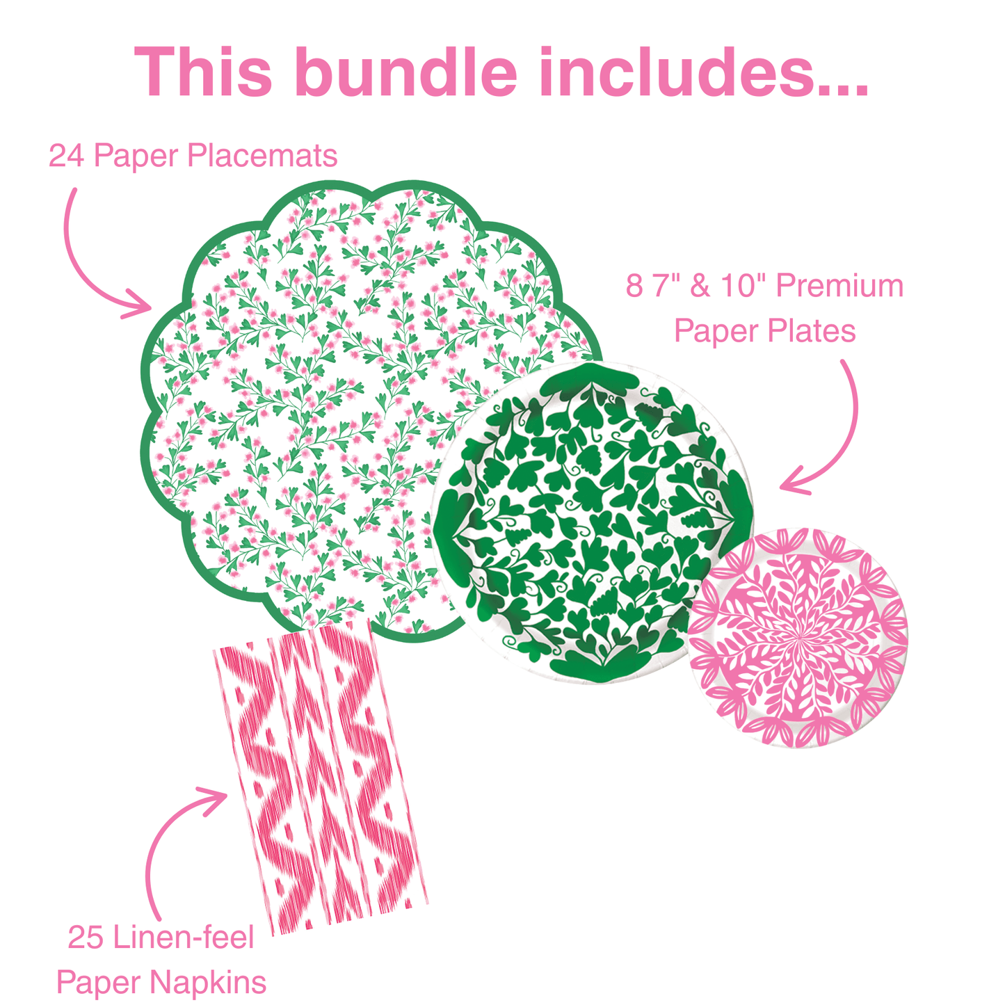 Product bundle illustration with paper placemats, plates, and napkins on a white background