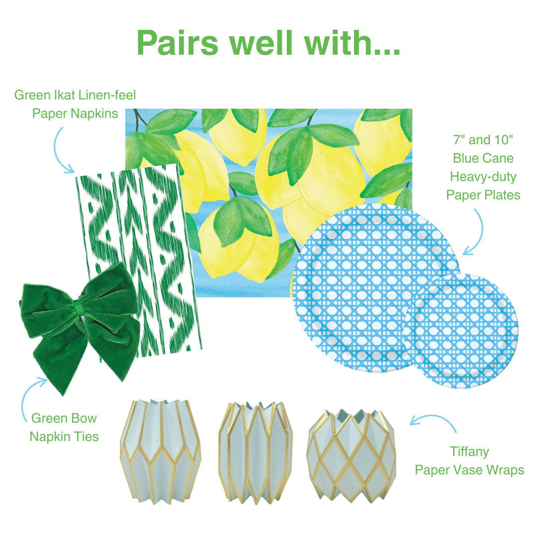 Pairs well with graphic showing coordinating party products: Green Ikat Linen-feel Paper Napkins in a green and white ikat stripe pattern; Green Bow Napkin Ties in deep emerald velvet; Tiffany Paper Vase Wraps in pale blue with gold geometric lattice; a light blue napkin or placemat with a painted yellow lemon and green leaf print; and 7-inch and 10-inch Blue Cane Heavy-duty Paper Plates in light blue with a woven cane grid pattern paired with Lemon printed paper placemat