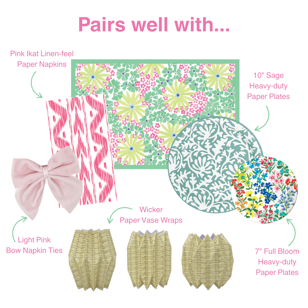 Product assortment including paper napkins, plates, bow ties, and vase wraps with text indicating compatibility.