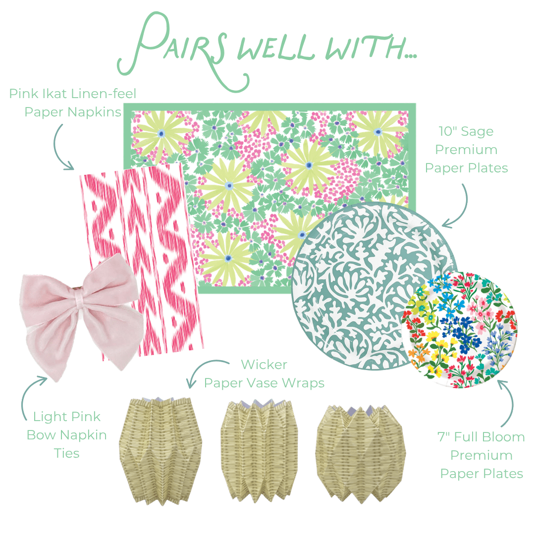 Product assortment including paper napkins, plates, bow ties, and vase wraps with text indicating compatibility.