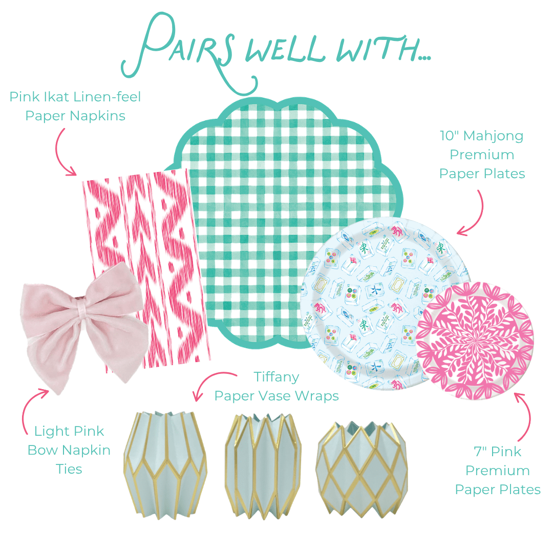 Collection of paper products including napkins, plates, and vase wraps with text indicating color and design pairs.
