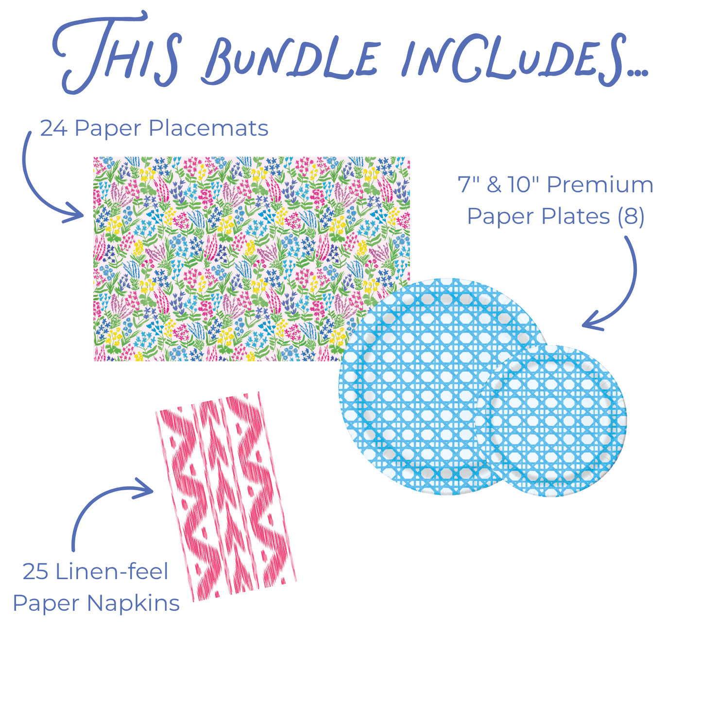 Product bundle with floral paper placemats, blue and white rattan woven paper plates, and pink ikat patterned napkins on a white background