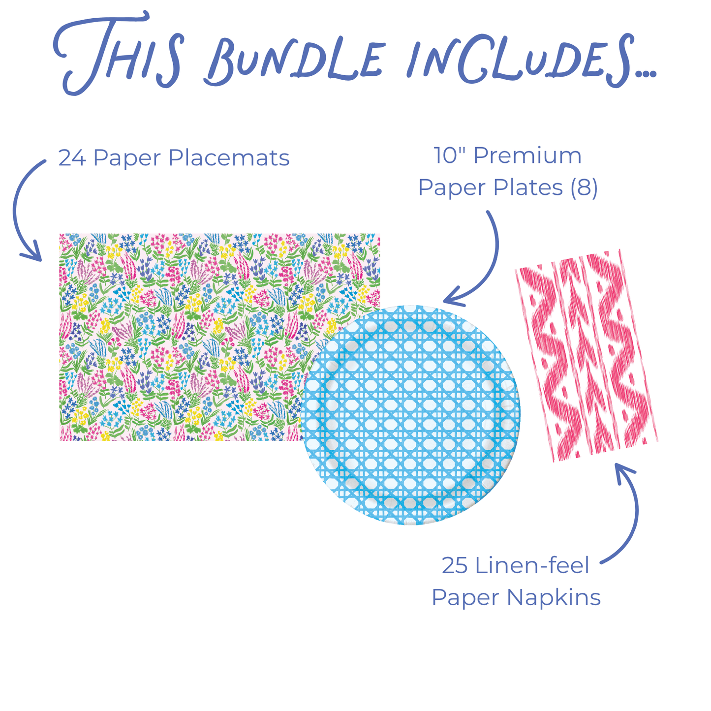 Product bundle description with floral paper placemats, blue cane woven paper plates, and pink ikat napkins on a white background