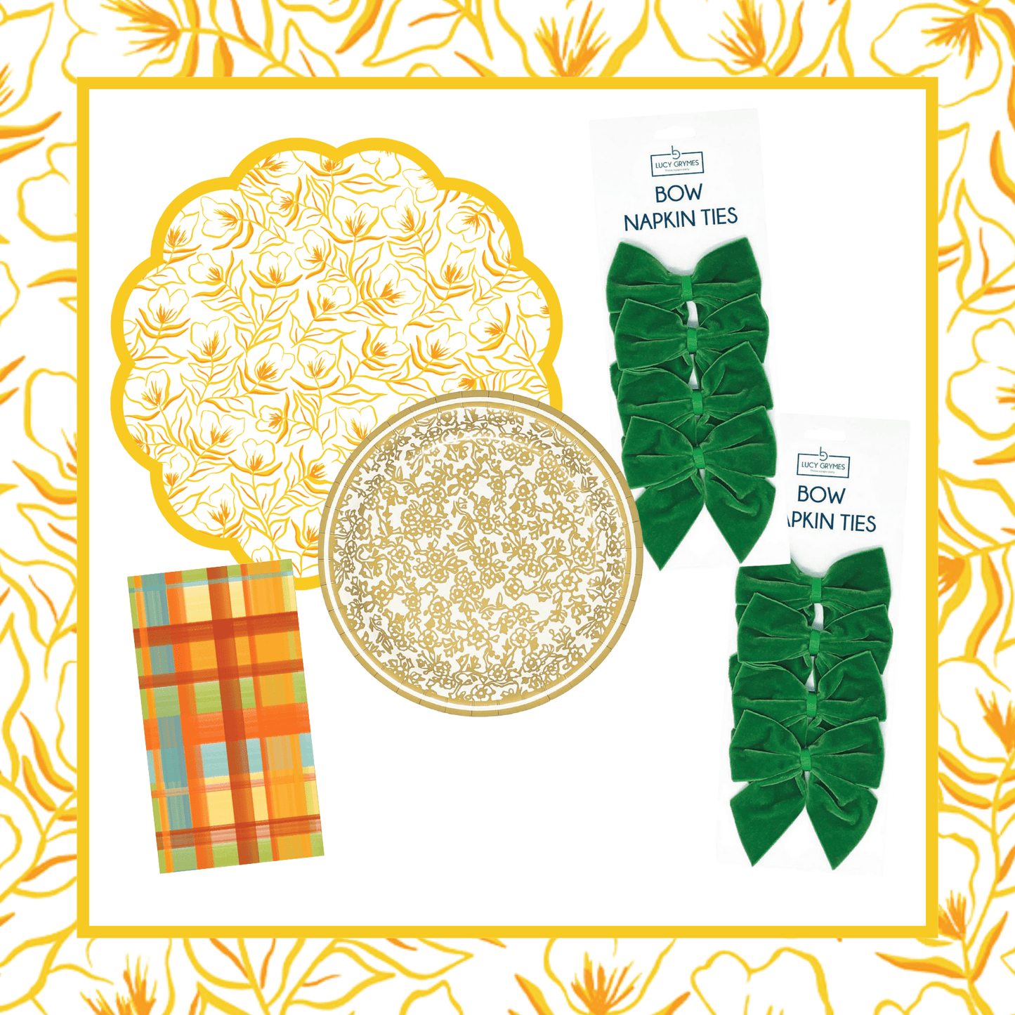 Golden Flower Table Bundle (Placemats + Plates + Bows + Napkins)