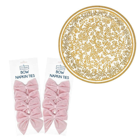 Gold Chinoiserie Paper Plate and Pink Napkin Tie Bundle