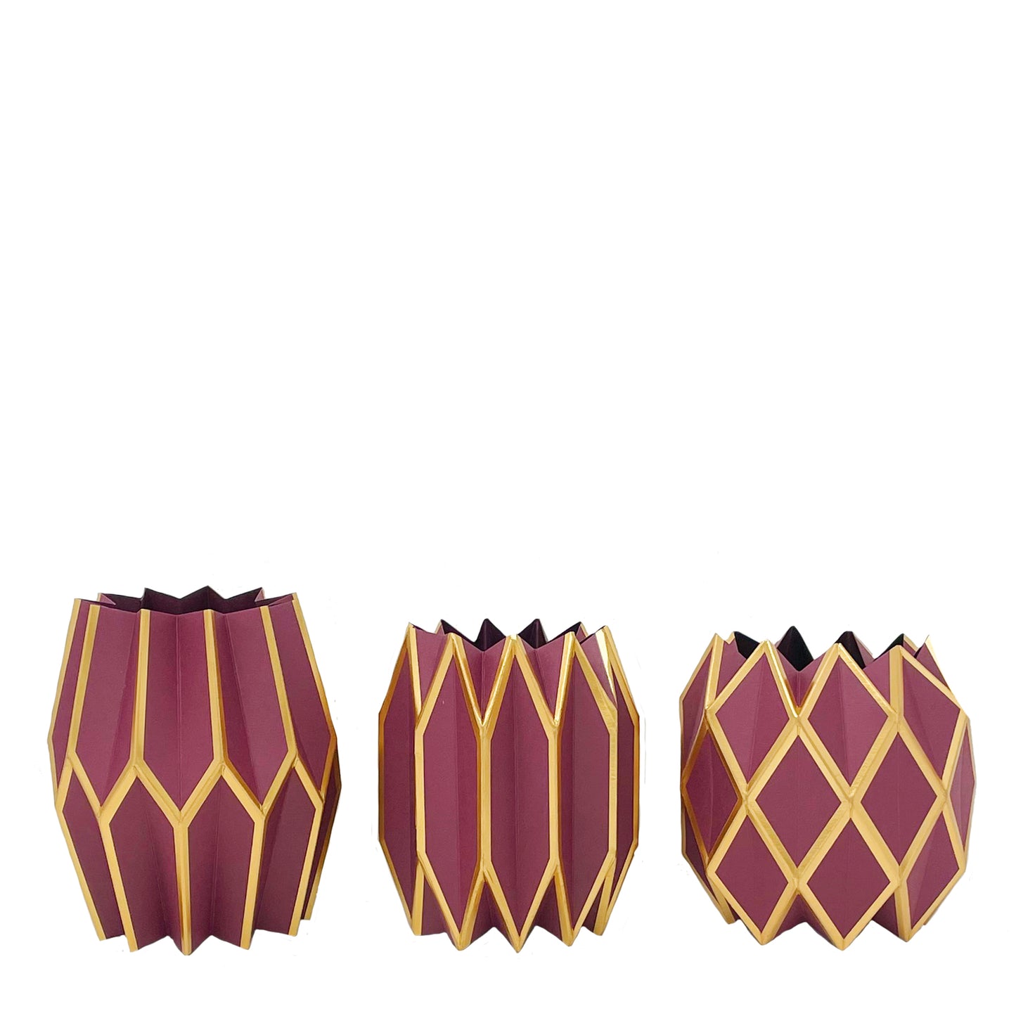 Three paper vase wraps in deep red color with gold accents