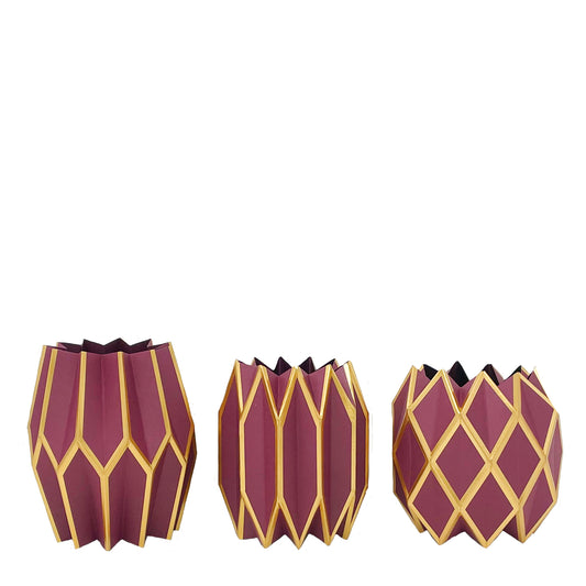 Three paper vase wraps in deep red color with gold accents