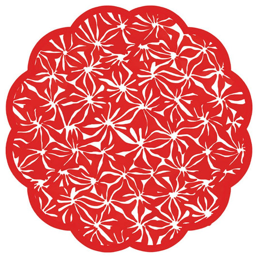 Round scalloped disposable paper placemats featuring a red and white pattern