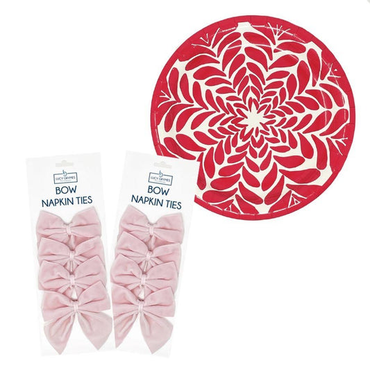 Red heavy duty paper plate and light pink bow napkin ties