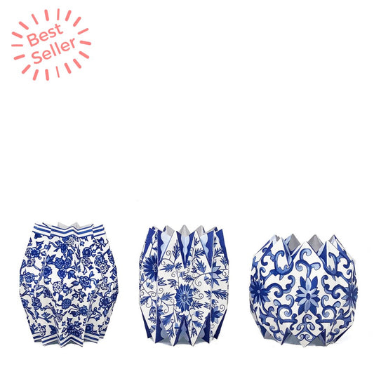 Three blue and white chinoiserie paper vase sleeves