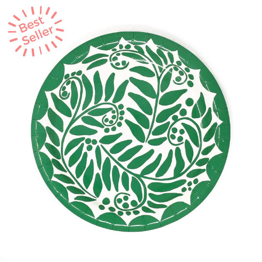 Heavy duty paper plate with green vine print and a shiny finish