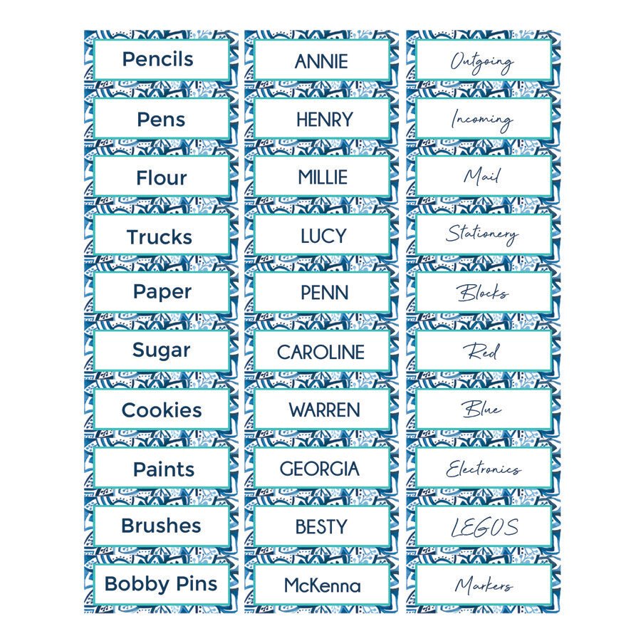 Blue and white leaf patterned labels