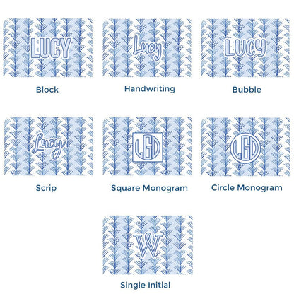 Paper placemat pads featuring a blue and white willow pattern with various personalization options