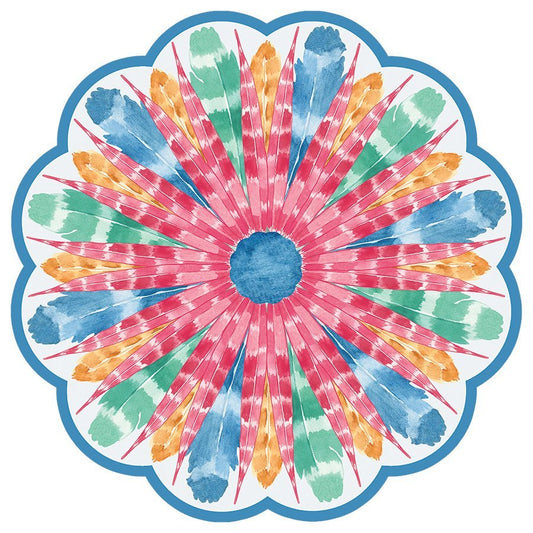 Multicolored feather pattern on a round scalloped paper placemat
