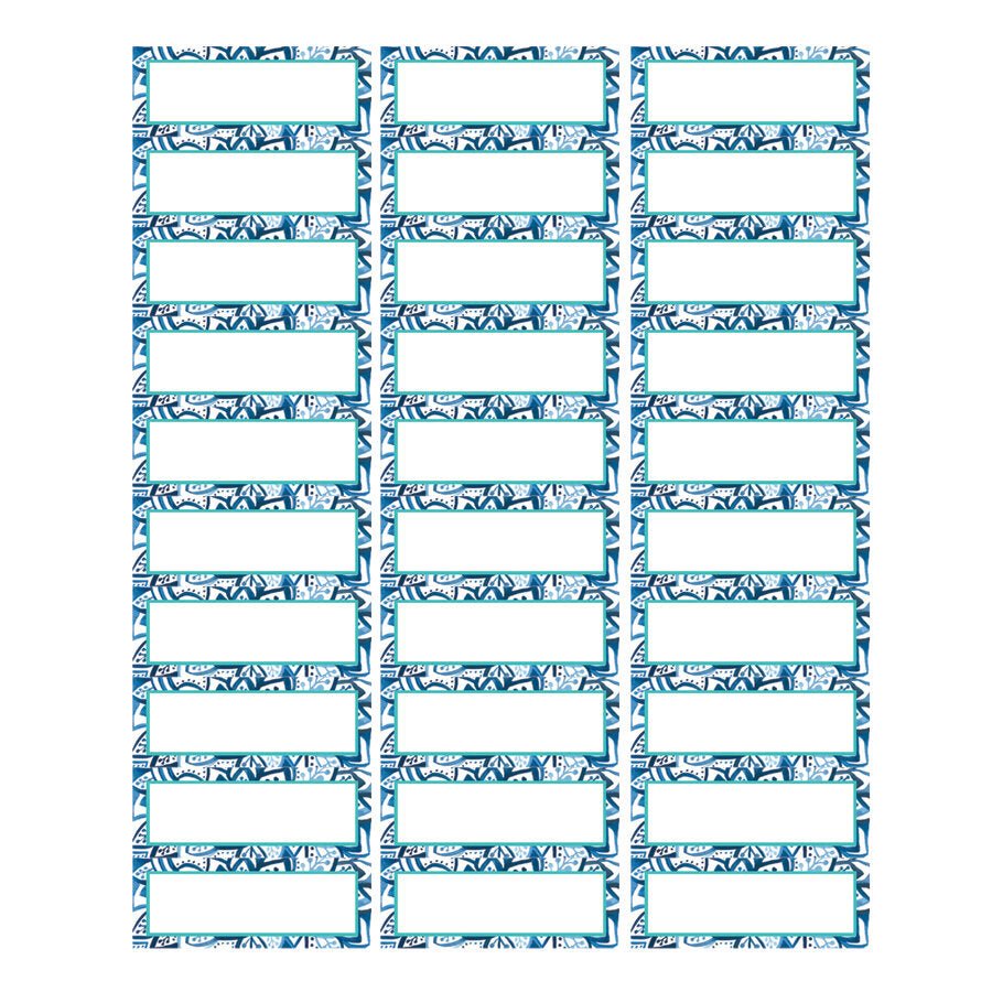 Downloadable labels featuring a blue and white leaf pattern