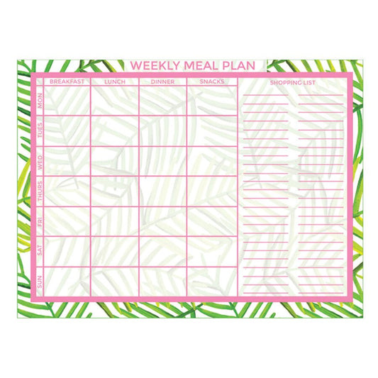 Downloadable meal planner featuring a green leaf pattern with a pink border