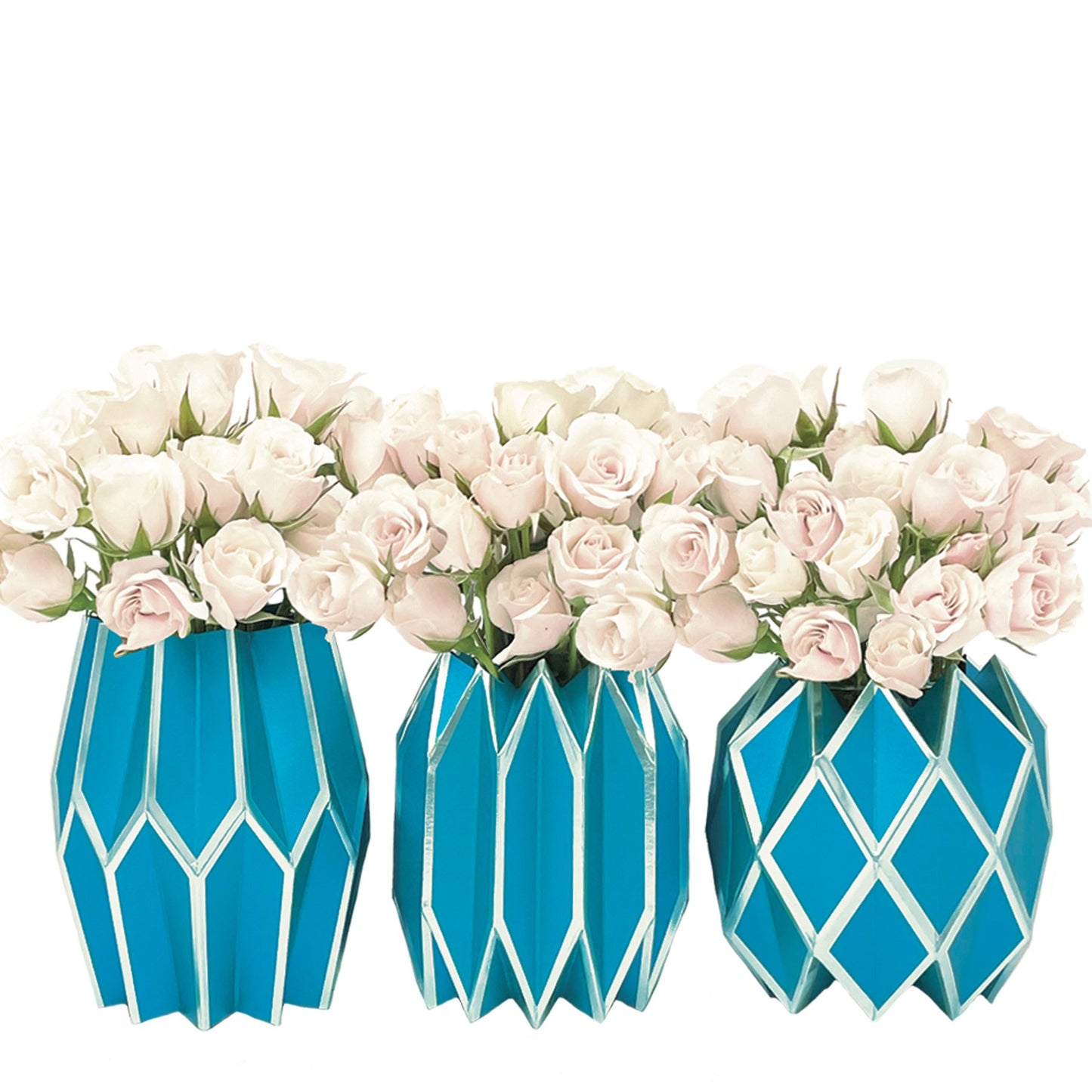 Bright blue paper vases with white roses