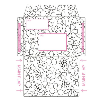 Printable envelope featuring a pink and black flower pattern that can be colored in