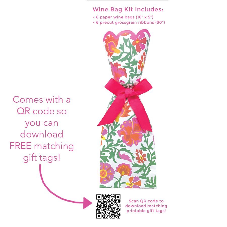 Graphic showing how to scan the QR code on the back of the bag for matching gift tags