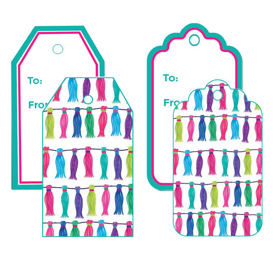 Gift tags featuring a multicolor tassel pattern