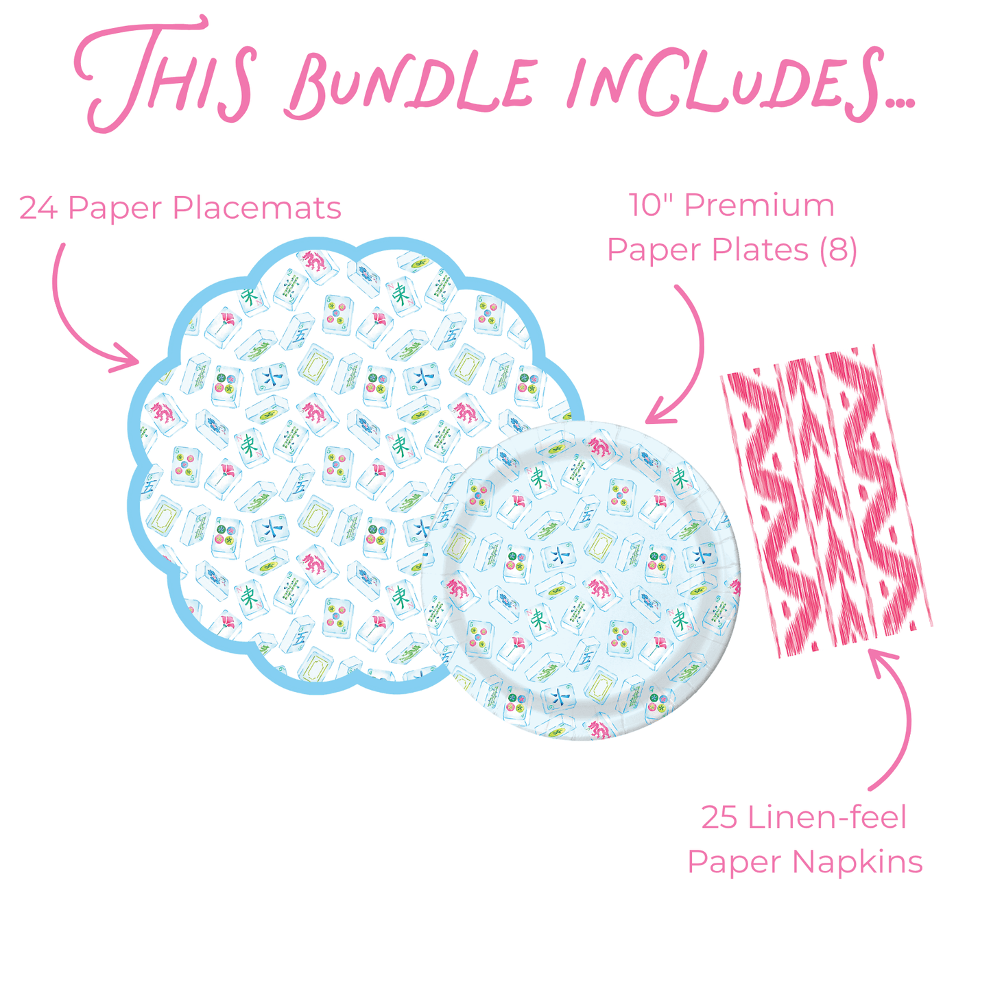 Infographic titled "This bundle includes..." showing 24 scalloped round mahjong tile-print paper placemats with a light blue border, 8 10-inch matching round premium paper plates, and 25 pink ikat linen-feel paper napkins, labeled with pink arrows on a white background.