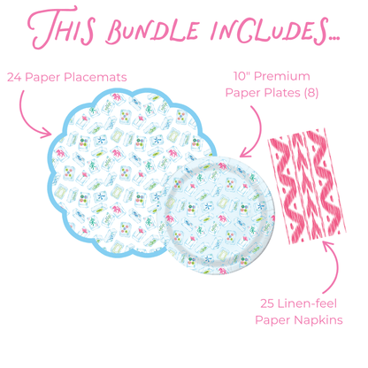 Infographic titled "This bundle includes..." showing 24 scalloped round mahjong tile-print paper placemats with a light blue border, 8 10-inch matching round premium paper plates, and 25 pink ikat linen-feel paper napkins, labeled with pink arrows on a white background.