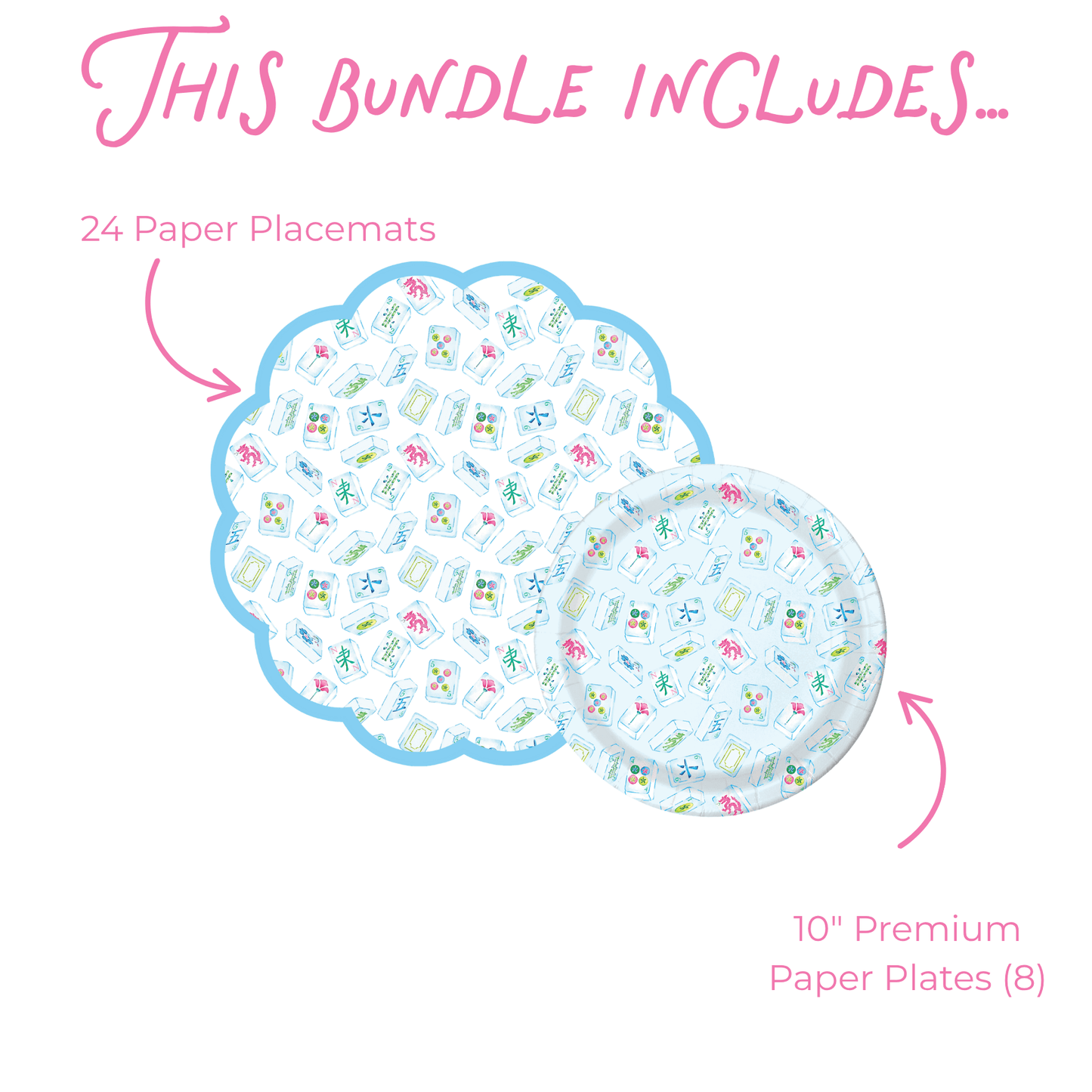 Infographic titled "This bundle includes..." showing 24 scalloped round mahjong tile-print paper placemats with a light blue border and 8 10-inch matching round premium paper plates, labeled with pink arrows on a white background.