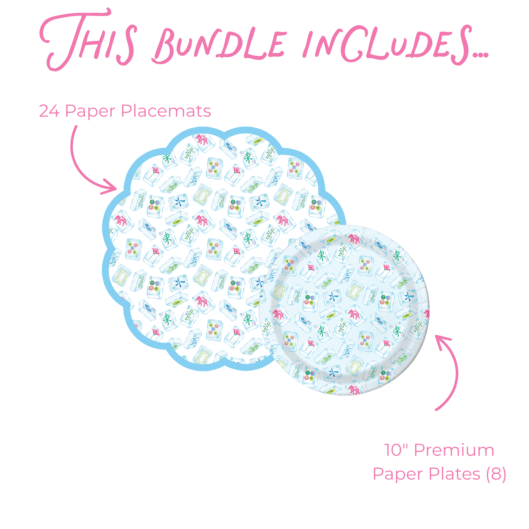 Infographic titled "This bundle includes..." showing 24 scalloped round mahjong tile-print paper placemats with a light blue border and 8 10-inch matching round premium paper plates, labeled with pink arrows on a white background.