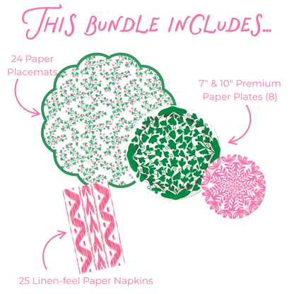 Product bundle illustration with paper placemats, plates, and napkins on a white background