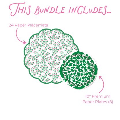 Bundle contents: 24 green and pink ditsy floral scalloped round paper placemats and 8 10-inch green ivy leaf-print premium paper plates