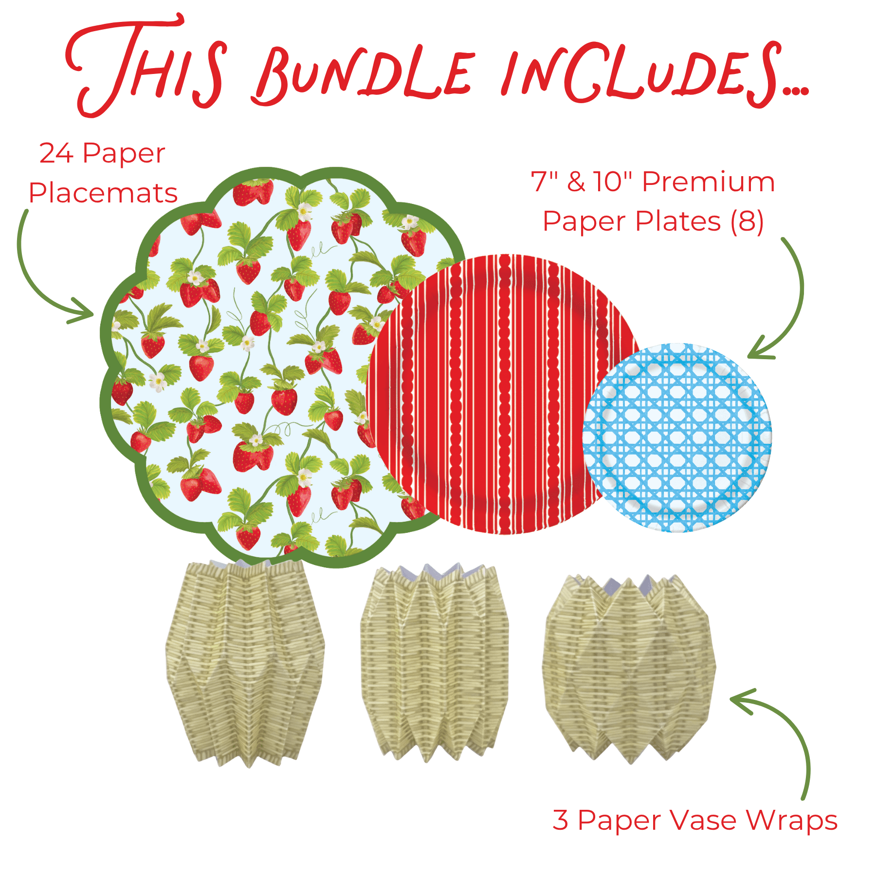 Product bundle including paper placemats, plates, and vase wraps with item counts and descriptions.