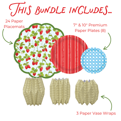 Product bundle including paper placemats, plates, and vase wraps with item counts and descriptions.