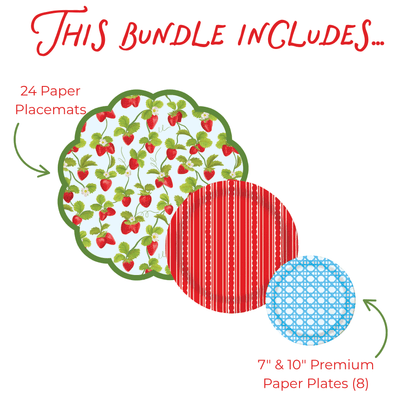 Product bundle description with paper placemats and plates on a white background