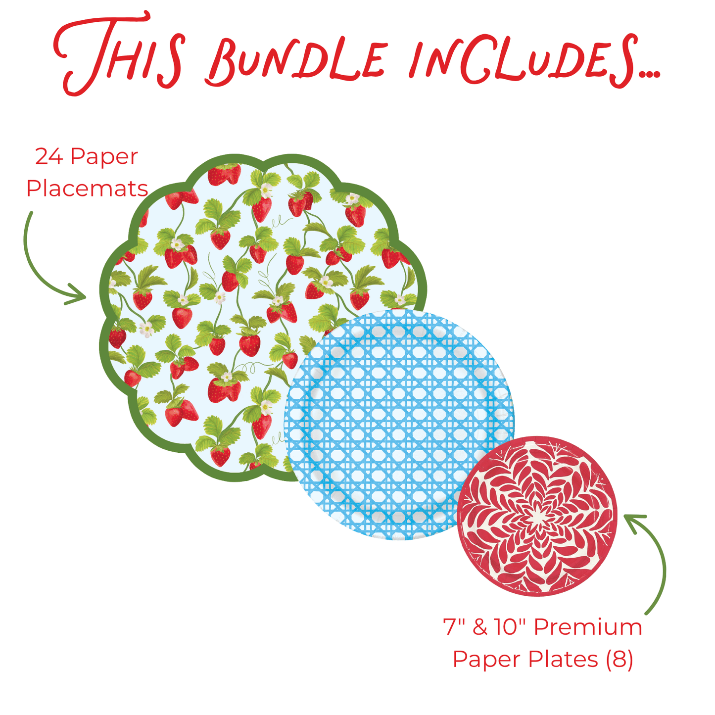 Product bundle with paper placemats and plates on a white background