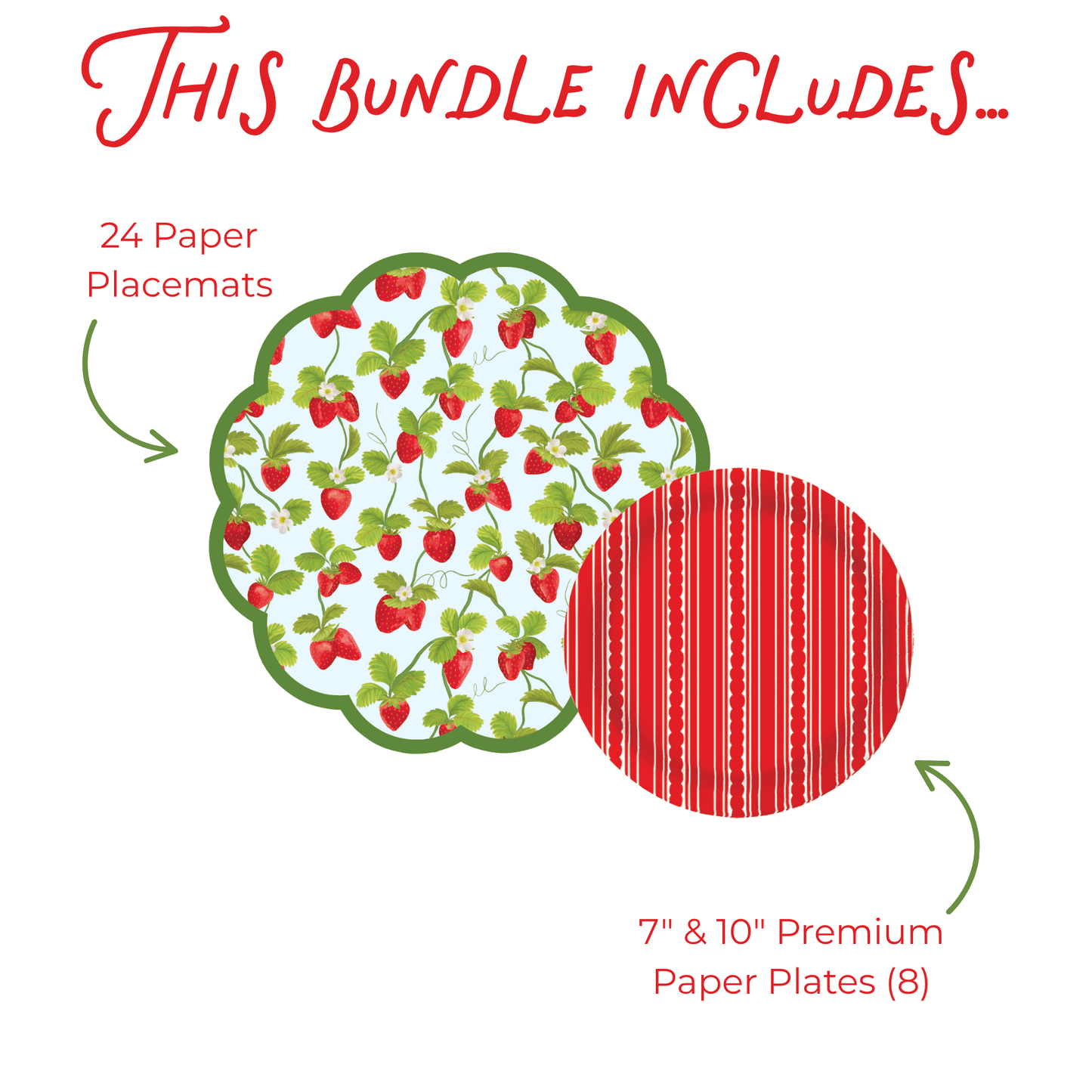 Product bundle description with paper placemats and plates on a white background