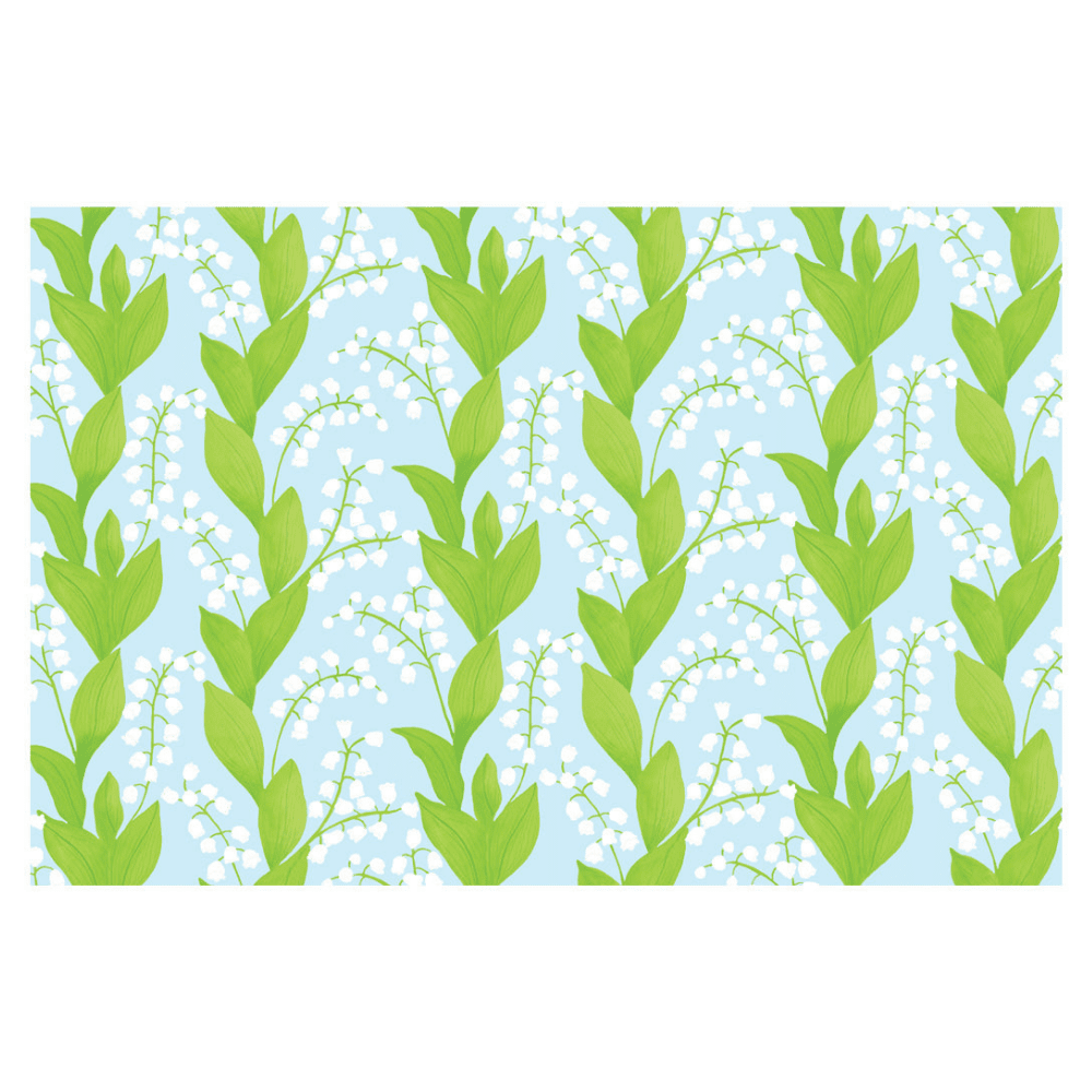 Pattern of green leaves and white flowers on a blue background