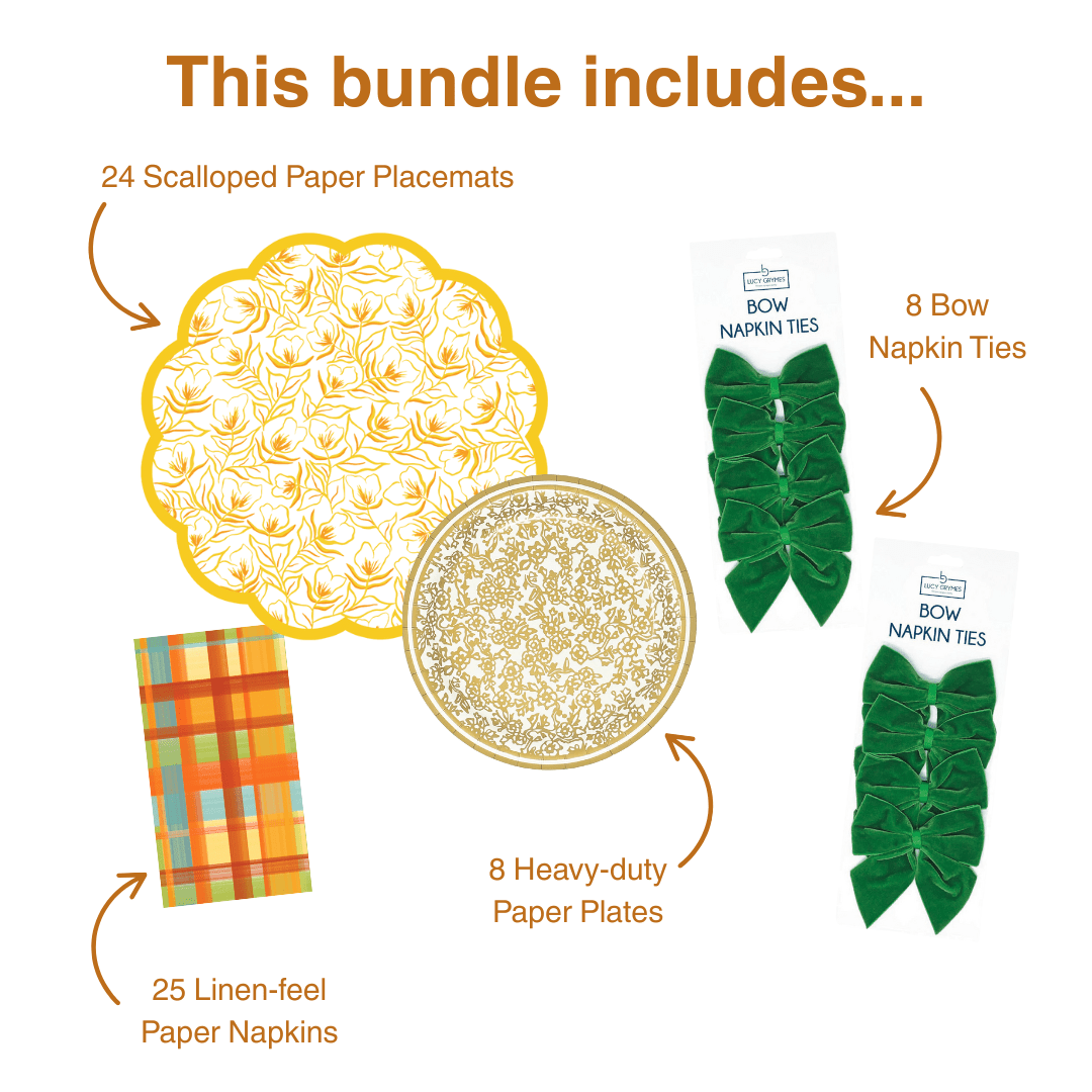 Golden Flower Table Bundle (Placemats + Plates + Bows + Napkins)