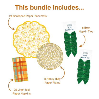 Golden Flower Table Bundle (Placemats + Plates + Bows + Napkins)