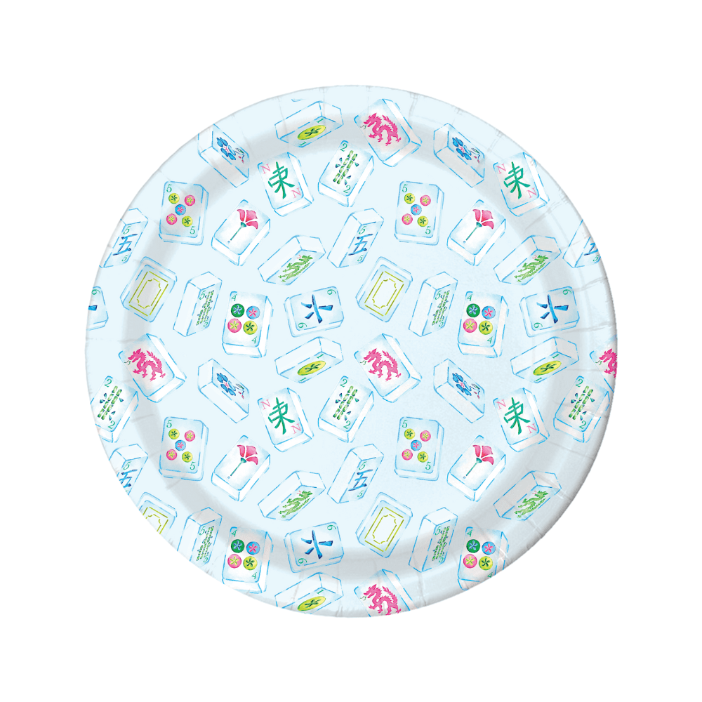 Round paper plate with colorful Mahjong tile design on a white background
