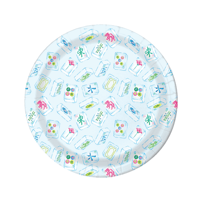 Round paper plate with colorful Mahjong tile design on a white background