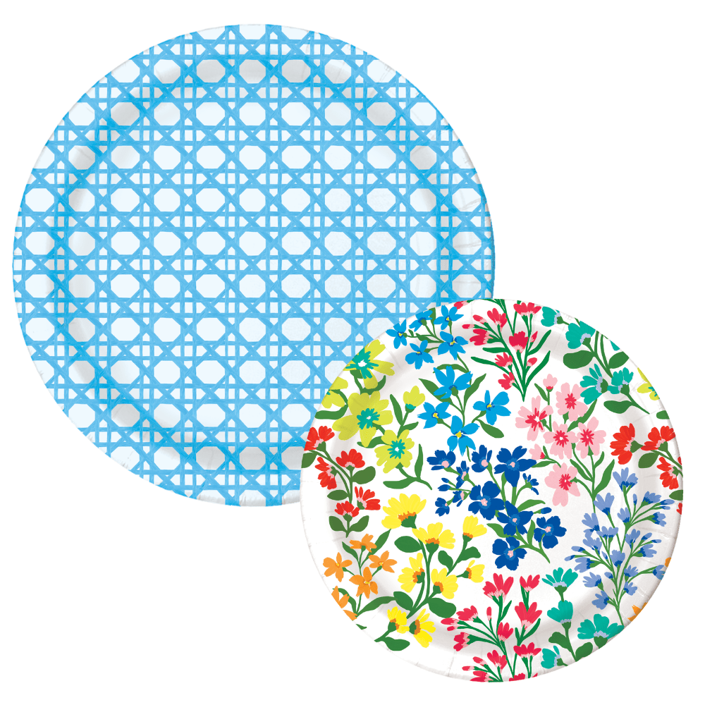 Two paper plates: a light blue cane-weave dinner plate and a multicolor wildflower bouquet dessert plate