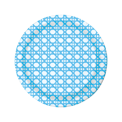 Round blue and white patterned paper plate on a white background