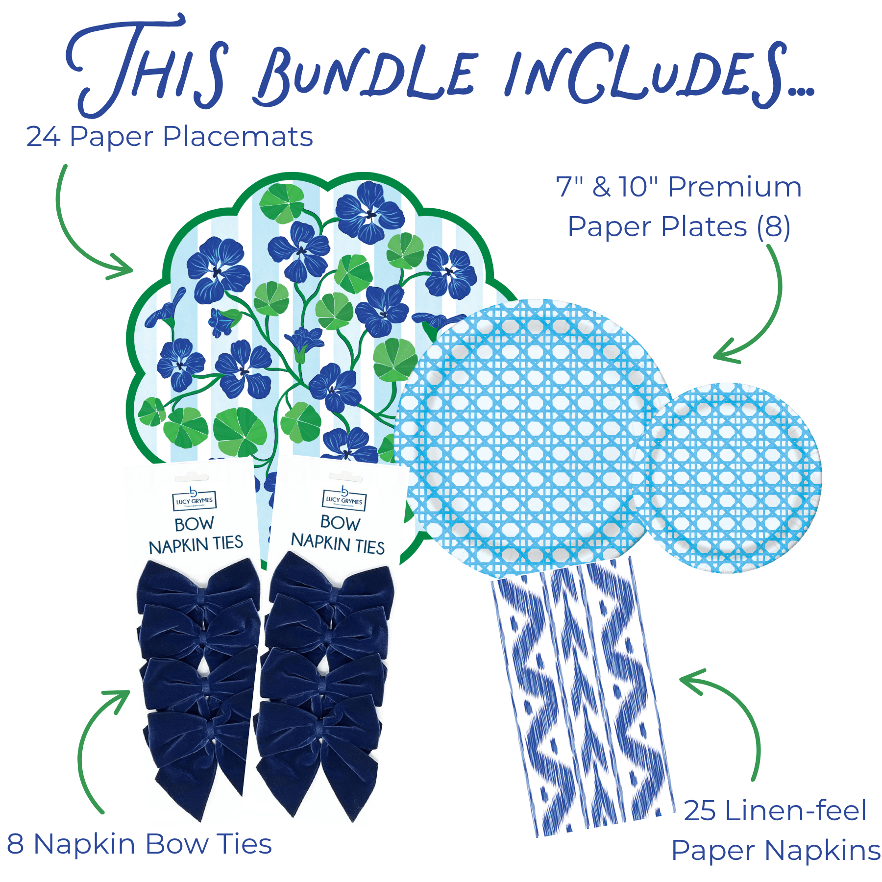 Product bundle with paper placemats, plates, napkins, and bow ties on a blue background.