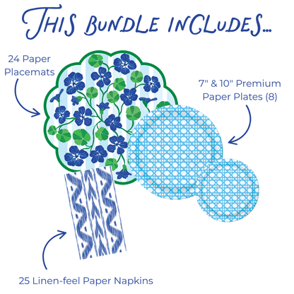 Product bundle description with paper placemats, plates, and napkins on a white background
