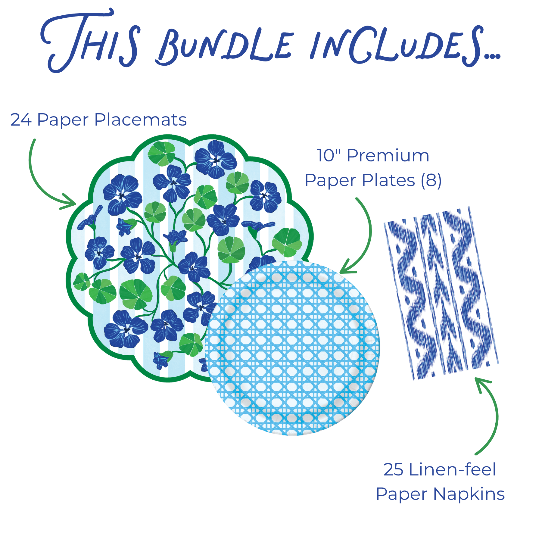 Product bundle description with paper placemats, plates, and napkins featuring floral and pattern designs.