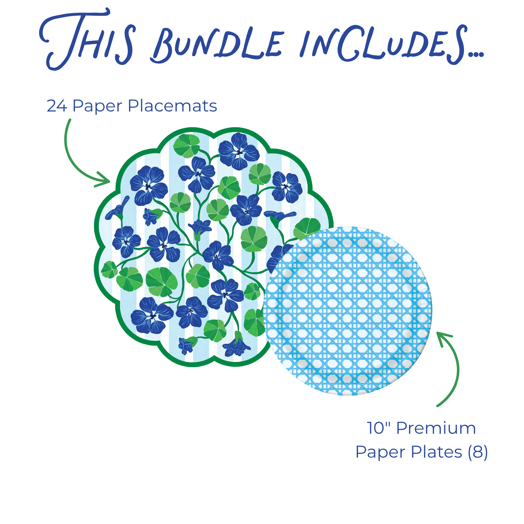 Product bundle description with paper placemats and plates on a white background